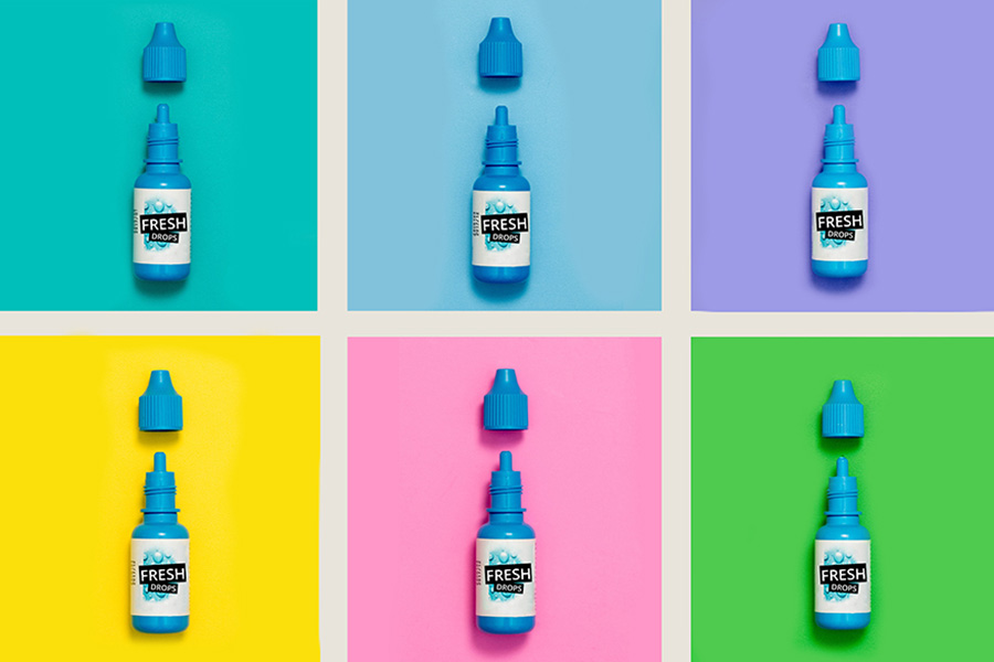 a sextet of eye drops upon different colored backgrounds