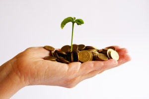 a hand holding a young plant sprout and coins symbolizing small business funding