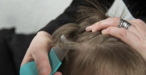 a parent checks a child's head before lice treatments