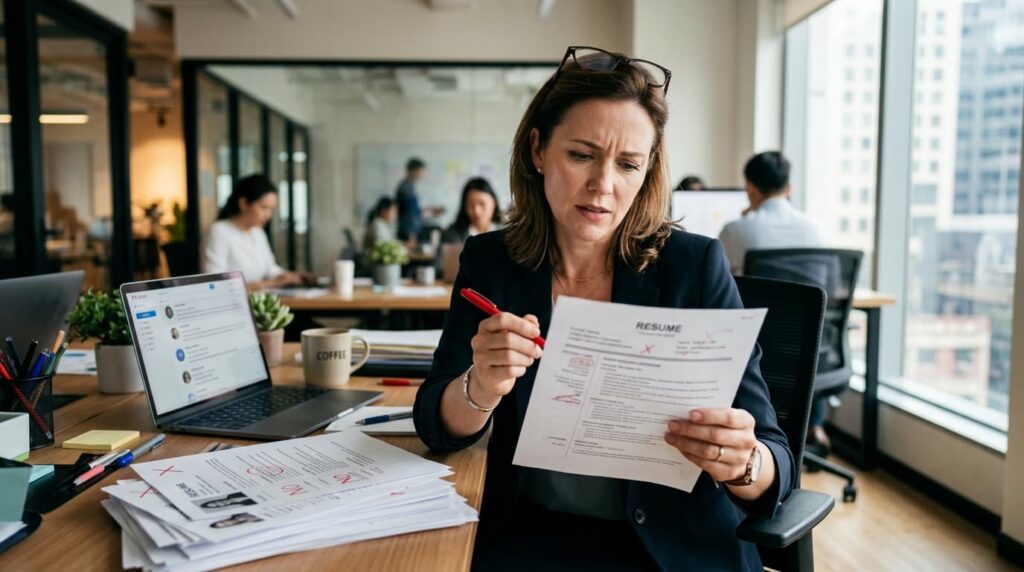a woman examining her CV resume