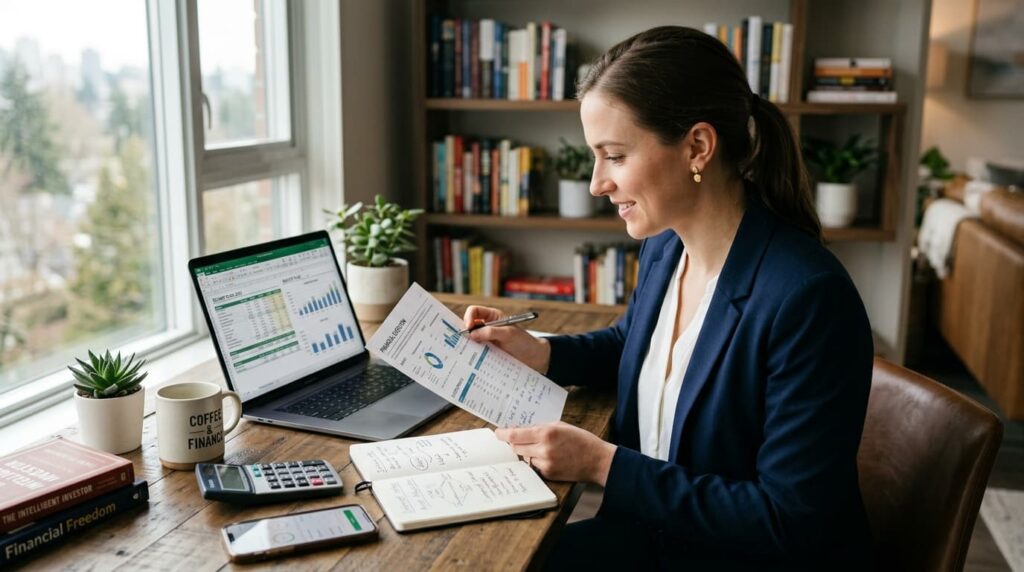 a woman reviewing her finances at home in front of her computer