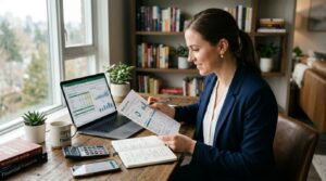 a woman reviewing her finances at home in front of her computer