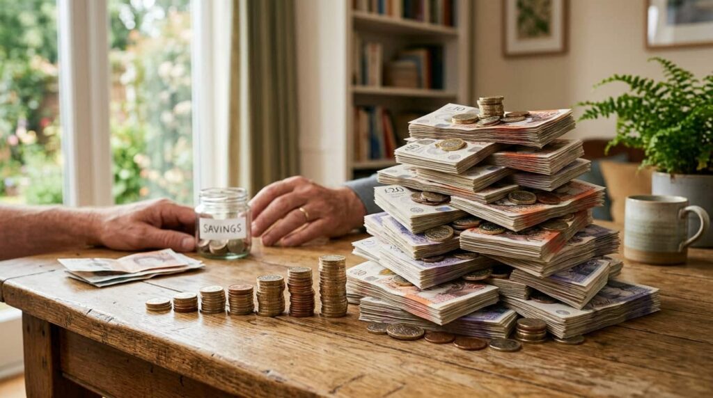 a visualization of compounding interest with stacks of money on a table