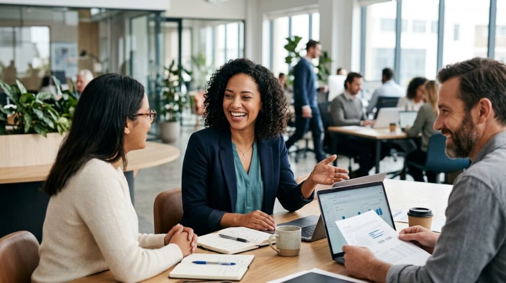 a group of employees around a meeting table