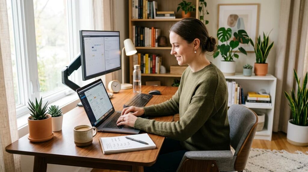 a woman working at home at her work from home setup