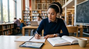 A college aged woman studying her notes in a library