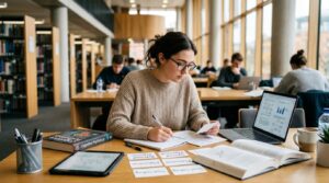 a girl using flashcards as a study technique