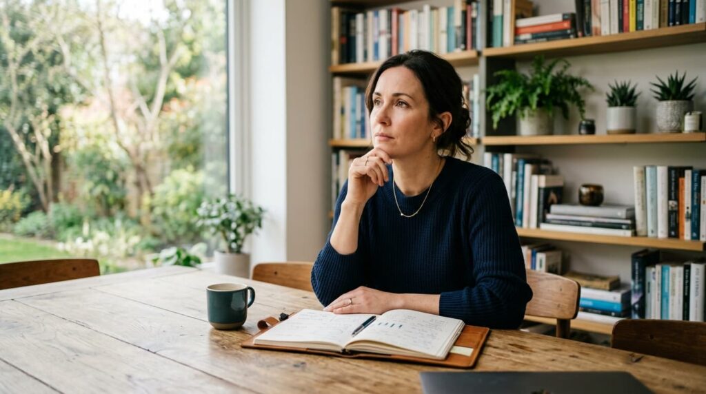 a woman making notes and reviewing her finances