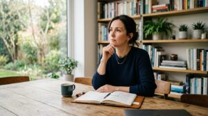 a woman making notes and reviewing her finances